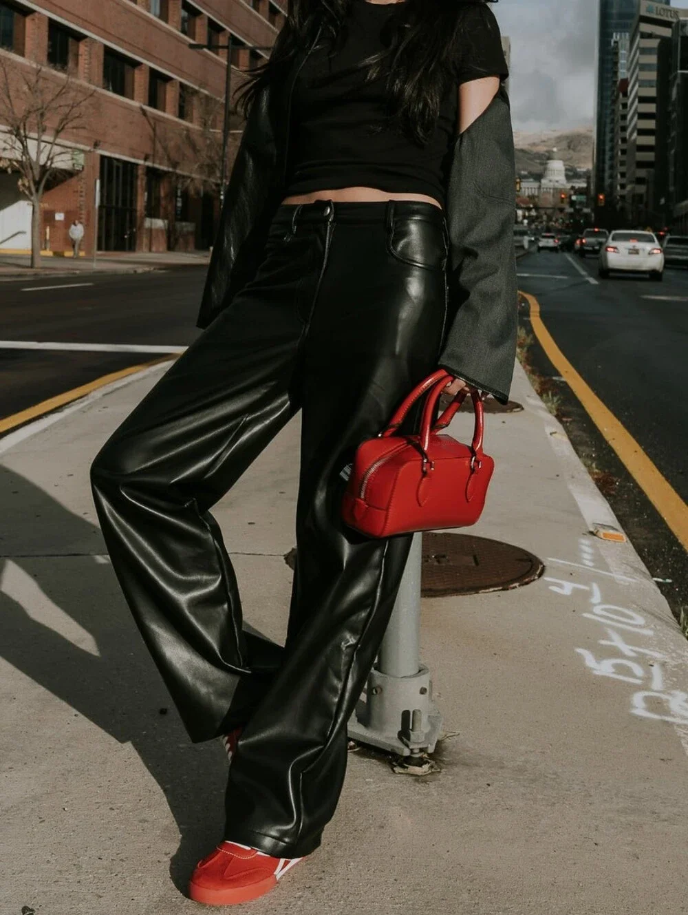 H&M black faux leather straight leg pants 4 - Picture 5 of 9